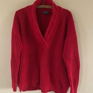 LAUREN RL Red V-Neck Knit Sweater Cotton